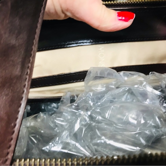 Monsac classic chocolate brown leather handbag zip top hinged frame - Picture 6 of 13